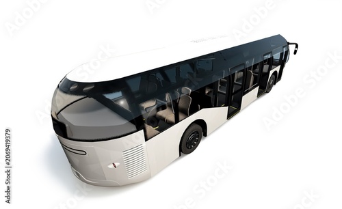 Modern white capsule bus for future city transport, generic futuristic autonomous shuttle vehicle isolated on white background