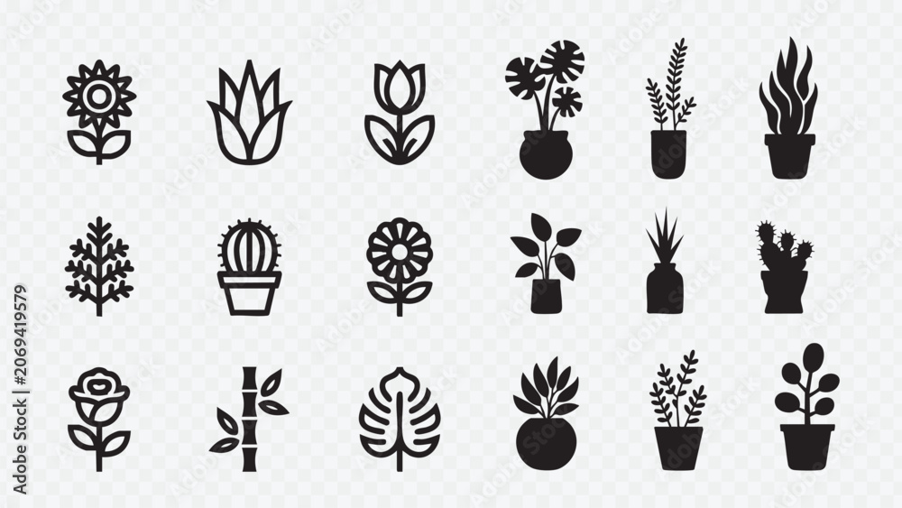 Fototapeta premium Houseplant and cactus silhouette icons set, succulent black botanical plant vector shapes