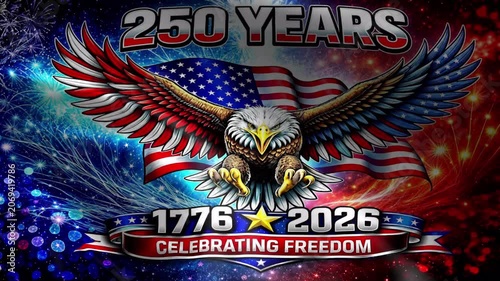 American eagle with US flag and 250 Years Celebrating Freedom text representing patriotism and national pride for Independence Day and Bicentennial celebrations only for commercial uses