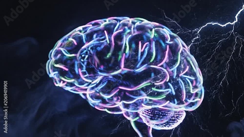 Glowing digital human brain with lightning and smoke on black background