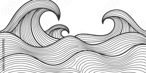 Bild auf Leinwand Stylized ocean waves with intricate hand drawn line art pattern for summer marine background vector illustration