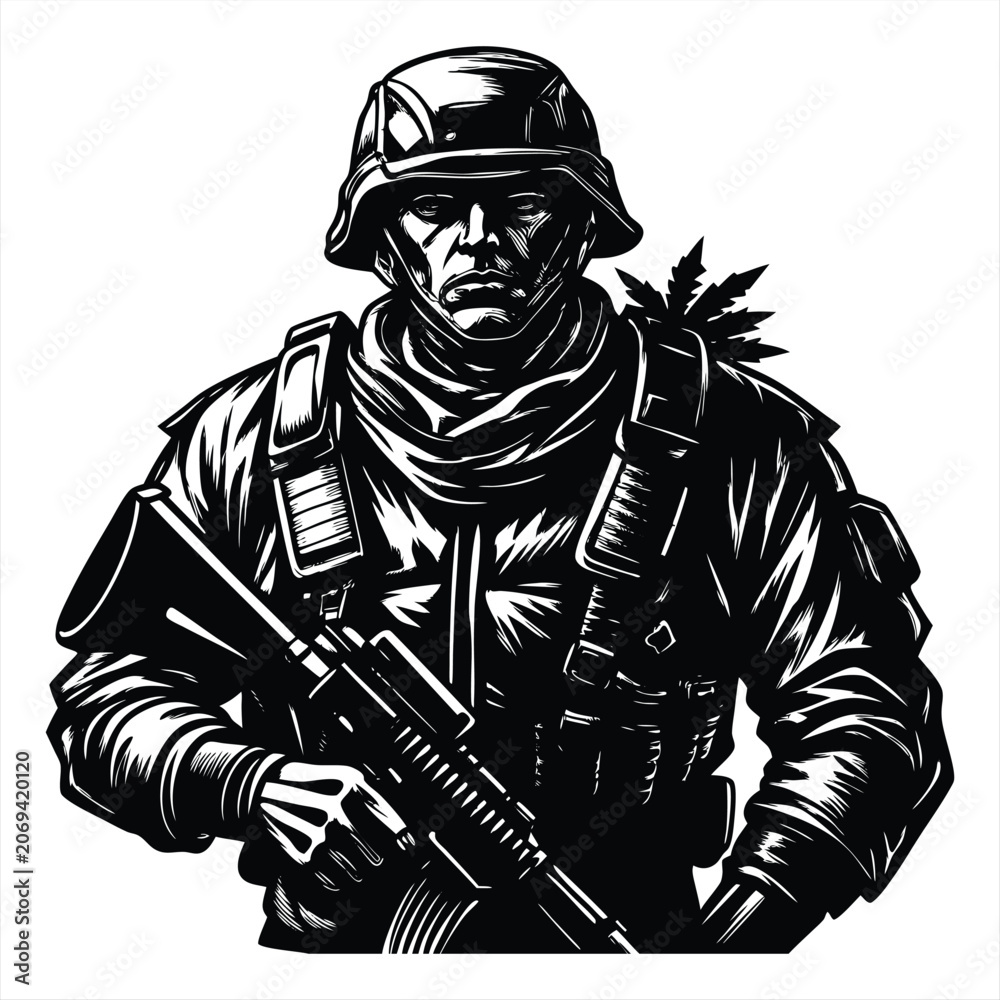 Obraz premium Full Length Black Silhouette Vector Illustration of a Military Soldier Holding a Rifle in Combat Uniform and Helmet Silhouette