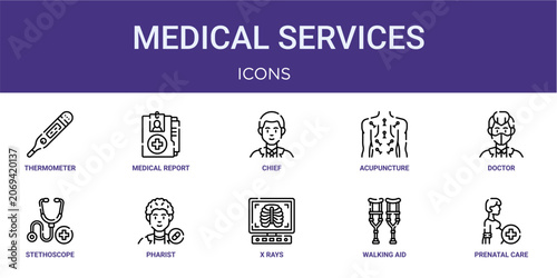 Set of 10 thin line Medical Services icons for dashboards, websites and mobile app layouts. Editable outline vector pack featuring thermometer, chief, doctor, Pharist and prenatal care.