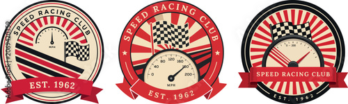 Vintage speed racing club emblems with speedometers and checkered flags badge
