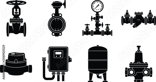 Canvastavla Industrial plumbing valves and water supply system silhouette icon set isolated
