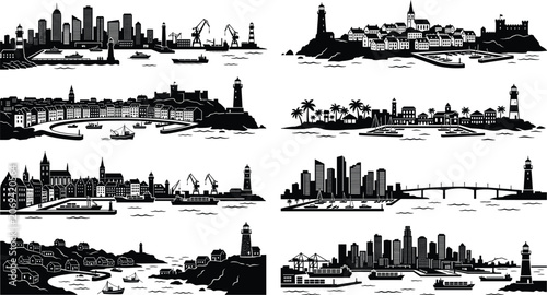 Foto Vector collection of coastal city silhouettes with harbors cargo ports lighthous