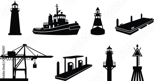 Maritime port infrastructure and nautical navigation black silhouette icon set isolated on white background