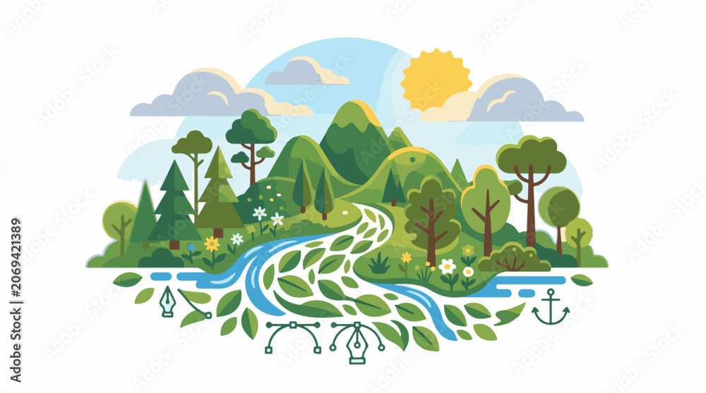 Obraz premium A serene cartoon landscape with a river flowing through a lush forest