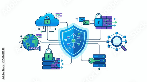 A blue shield with a network design surrounded by security icons
