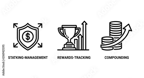 Staking management rewards tracking and compounding financial icons management tracking compounding investment interest dividend financial security increase portfolio business planning