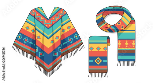 Schilderij op canvas Colorful poncho and scarf vector illustration with geometric patterns and fringe