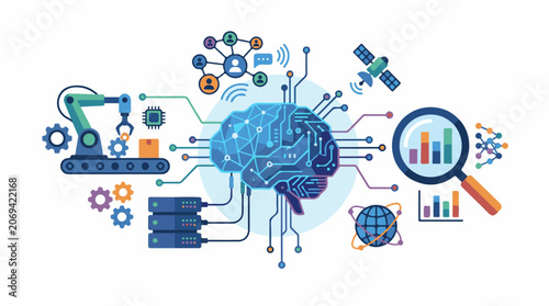 A blue robotic head with circuit boards and colorful components surrounded by gears and graphs