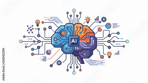 A colorful brain with AI chip and circuit lines