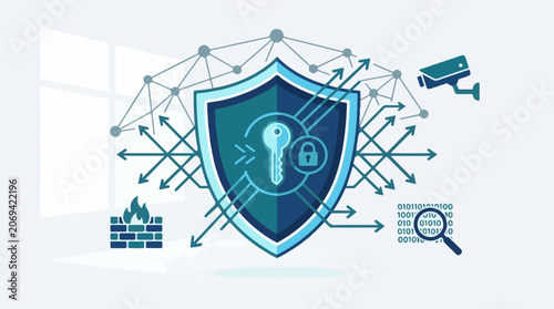 A blue shield with a key and lock surrounded by arrows and icons on a white background