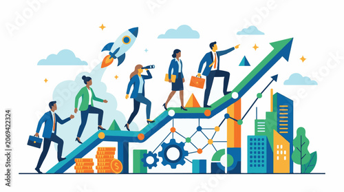 Business professionals climbing upward chart with a rising arrow and a rocket