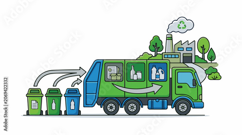A green recycling truck collects waste from bins and brings it to a recycling plant