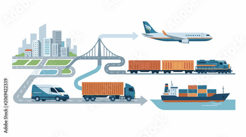 An infographic illustrating a city's transportation network with a van truck train and airplane