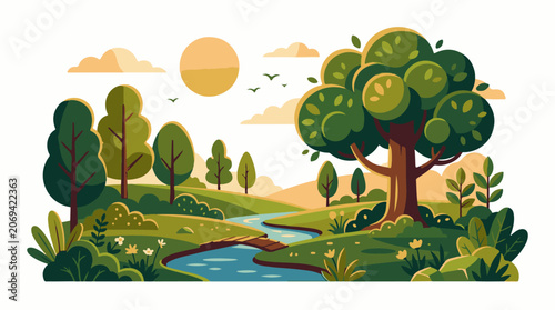 A serene landscape with a winding stream lush greenery and trees under a sunny sky