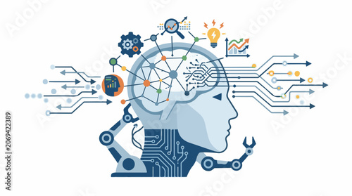 A human head with a circuit board and various symbols
