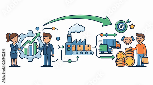A colorful infographic depicting business process from planning to delivery