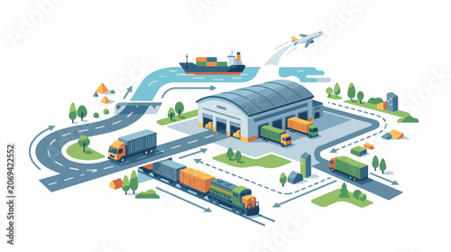 Logistics and transportation hub with various vehicles