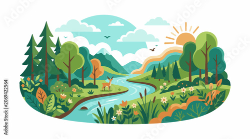 A serene landscape with a winding river trees flowers and a deer
