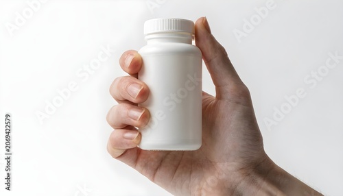 A hand holding a white plastic pill bottle with a screw on cap isolated on white background