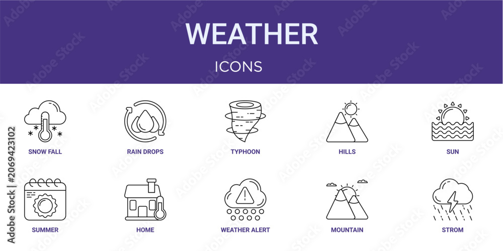 Fototapeta premium Set of 10 thin line Weather icons for dashboards, websites and mobile app layouts. Editable outline vector pack featuring snow fall, typhoon, sun, home and strom.