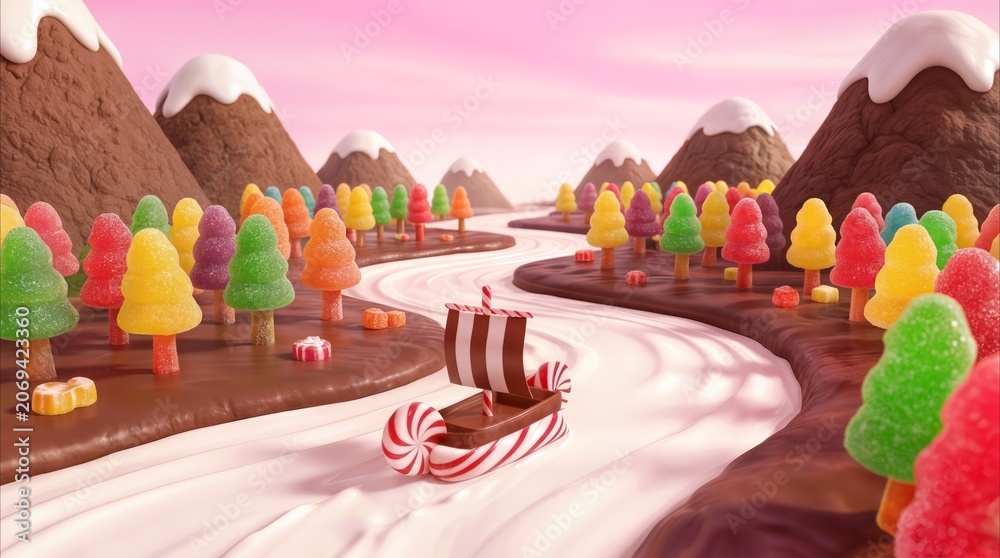Naklejka premium Candy boat sailing on creamy river through chocolate landscape. Surreal fantasy world with gumdrop trees and icing covered mountains.