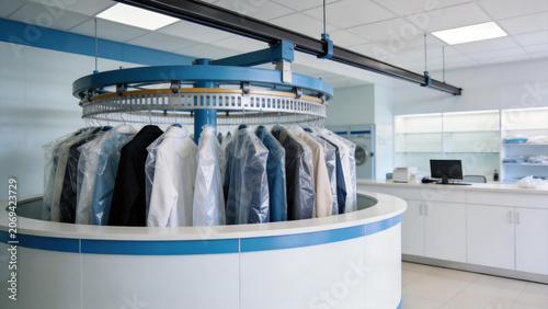 Modern dry cleaning facility with rotating garment rack