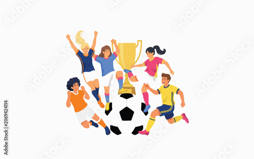 A happy group of young soccer players celebrate around a golden trophy cup and a black and white soccer ball.