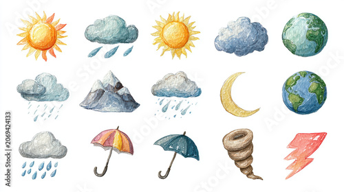 Cute watercolor weather icon set with sun rain cloud rainbow lightning snowflake and umbrella