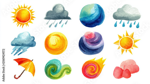 Cute watercolor weather icon set with sun rain cloud rainbow lightning snowflake and umbrella