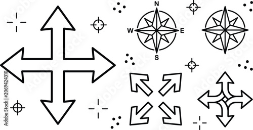 Photography Compass Rose Icon Set with Directional Arrows for Navigation and Travel Designs,