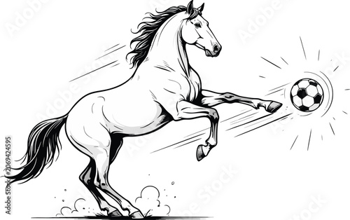 A powerful white horse rears up, ready to kick a soccer ball on a transparent background.