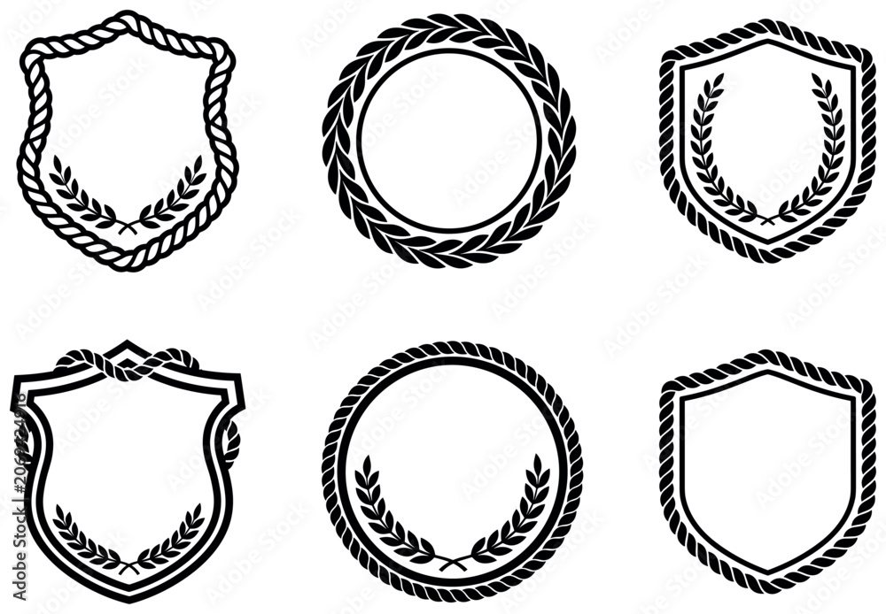 Fototapeta premium Shield emblem frames with rope and laurel wreaths isolated vector illustration.