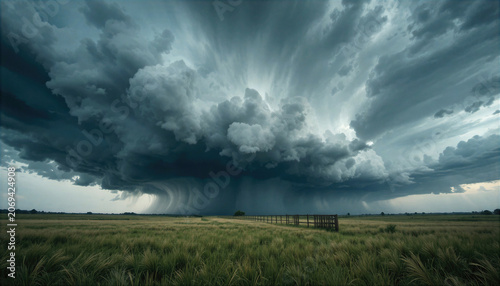 Dramatic storm clouds gather over a lush green prairie landscape as the sky darkens with impending rain
