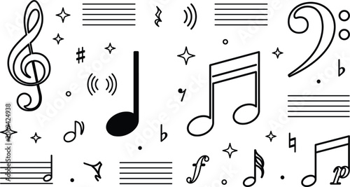 Obraz na płótnie Music Note Icon Set with Treble Clef and Staff for Creative Audio Designs,