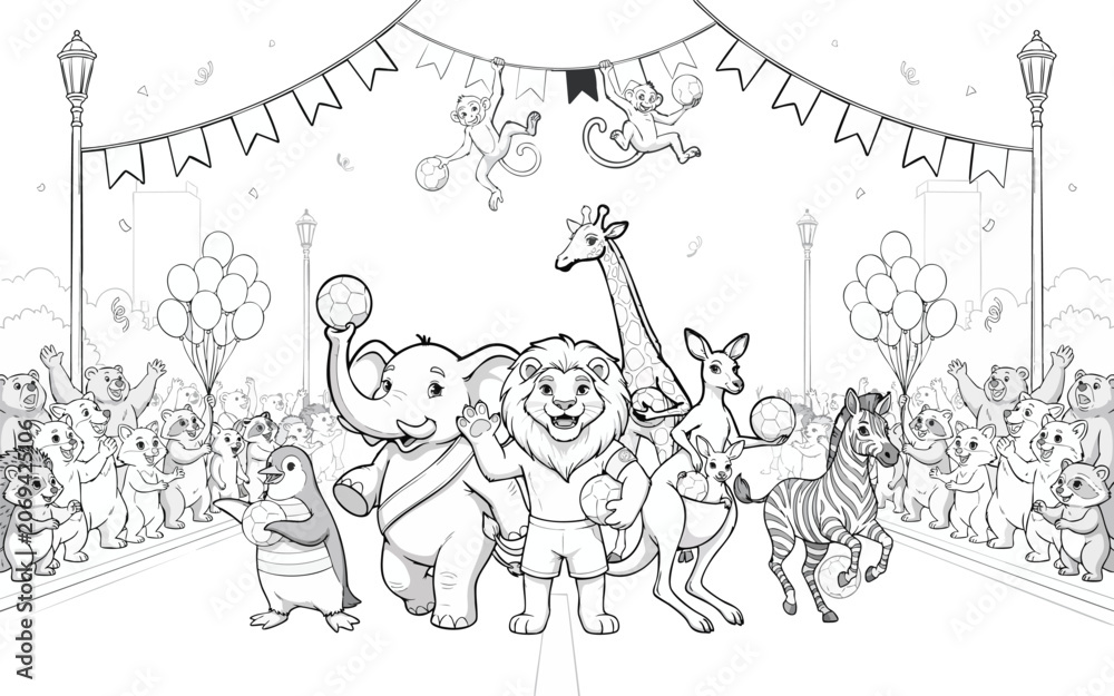Fototapeta premium Animals parade with soccer balls in city street celebrating victory with balloons and flags for coloring page for children.