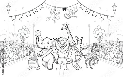 Animals parade with soccer balls in city street celebrating victory with balloons and flags for coloring page for children.