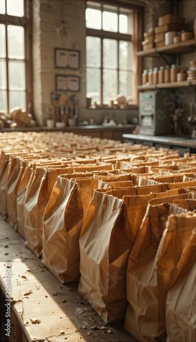 A line of brown paper bags displayed in a cozy workshop illuminated by soft natural light coming through the windows