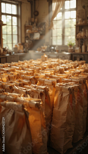 Warm and inviting rustic workshop filled with bags of natural materials and soft light filtering through windows