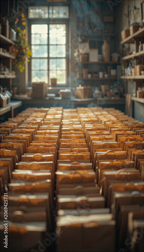 Aesthetic vintage workshop interior with rows of brown paper bags and natural light streaming through windows