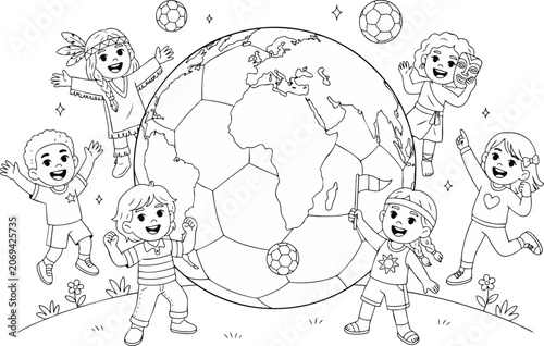 Diverse group of children around large soccer ball globe representing international unity and world football festival.