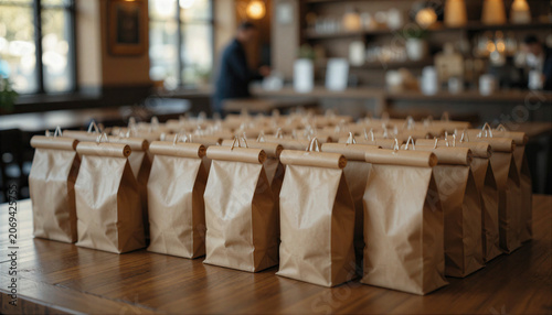 Neatly arranged brown paper bags on a rustic wooden table in a warm and inviting cafe atmosphere
