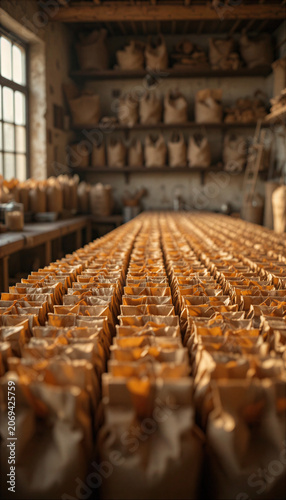Charming rustic bakery featuring neatly arranged brown paper bags prepared for delivery