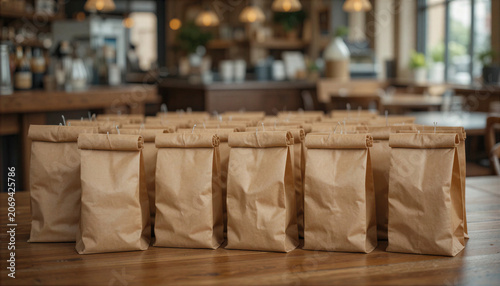 Neatly arranged variety of brown paper bags on a wooden table in a warm and inviting cafe atmosphere
