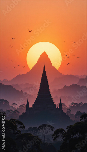 Stunning sunset illuminating a silhouette of a temple against a mountain backdrop with birds soaring in the sky