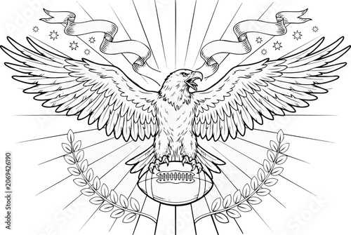 Eagle mascot holding american football ball with patriotic wings and heraldic banners in line art style for sports logo.