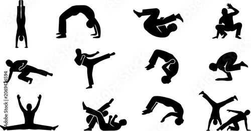 Bild auf Leinwand Capoeira Acrobatics and Footwork Silhouette Icon Set